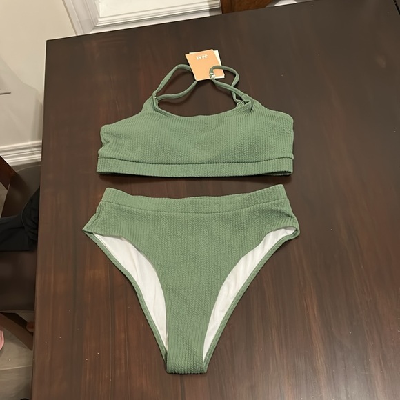 High Waisted Crop Top Ribbed Bikini Set New Army Green Size L - Picture 3 of 10